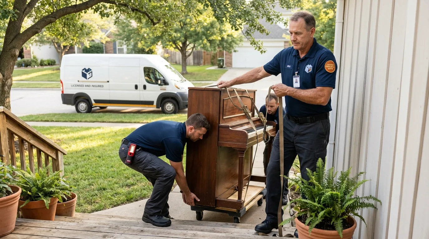 Licensed piano movers securing grand piano in Miami, TX